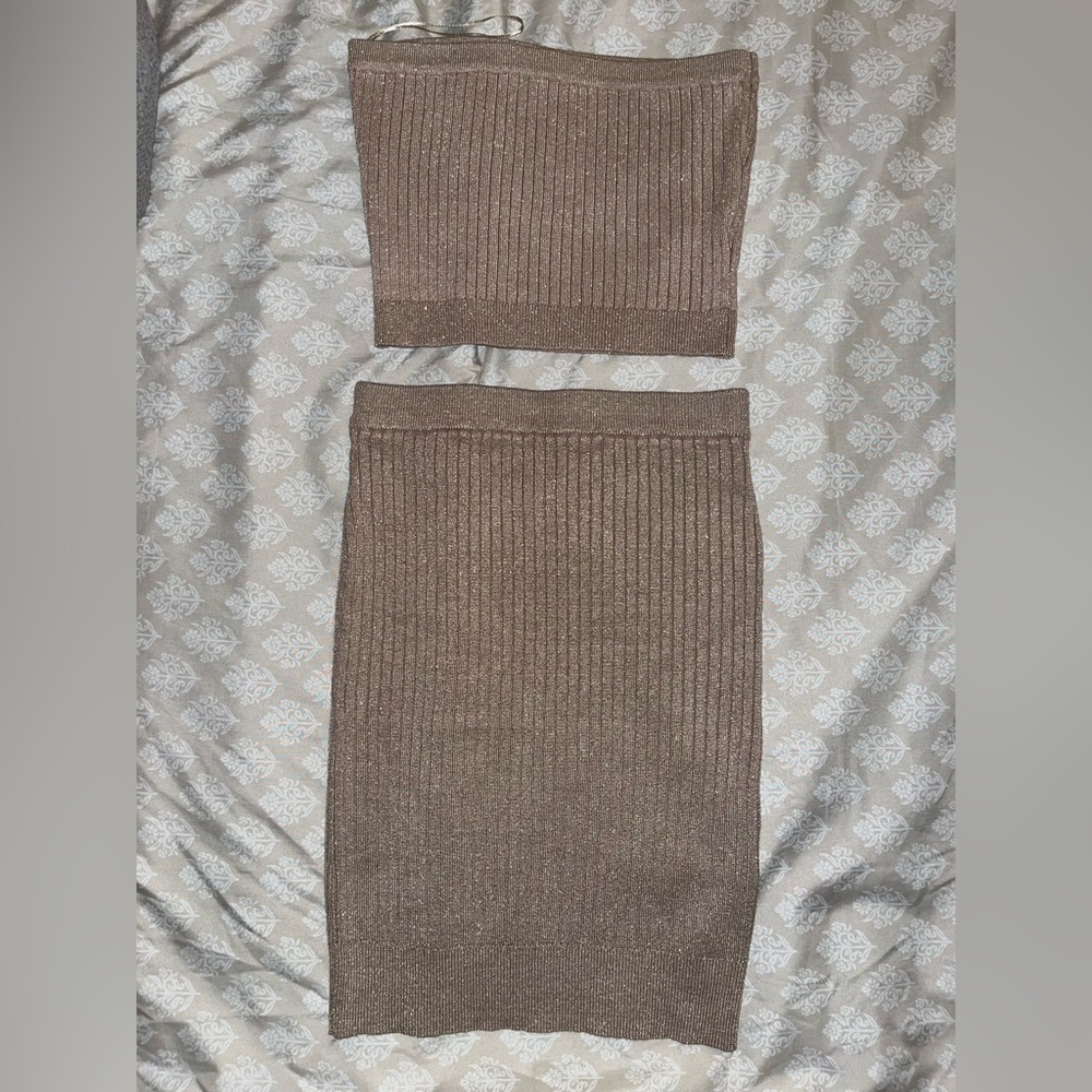 Better Be Brown & Gold Ribbed Skirt Set
